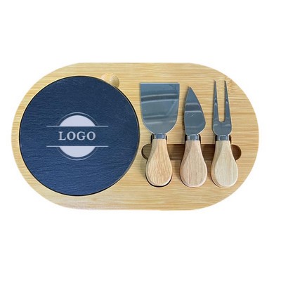 Bamboo Slate Cheese Board with Knife Fork Set