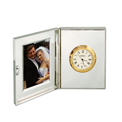 Folding Silver Roman Numeral Clock w/Picture Frame