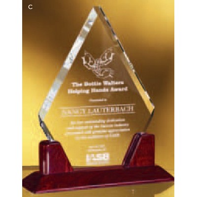 Triangular Reverse Bevel Clear Crystal Award w/ Piano Finish Rosewood Base