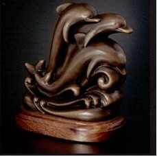 Custom Cultured Bronze Dolphins Sculpture w/ American Walnut Base