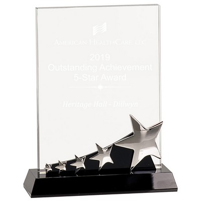 Crystal Rectangle Award w/Shooting Silver Stars on Black Pedestal Base