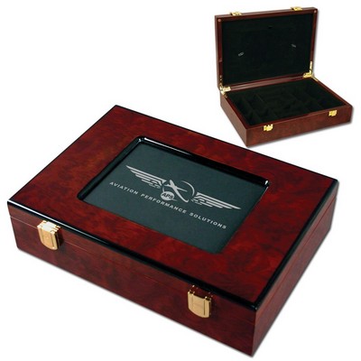 Glossy Wood Poker Chip Case w/Customizable Picture Frame (200 Chip Capacity)