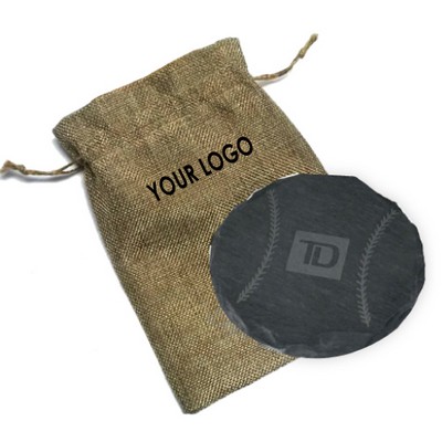 Round Slate Coaster (Single Pack) In Burlap Pouch