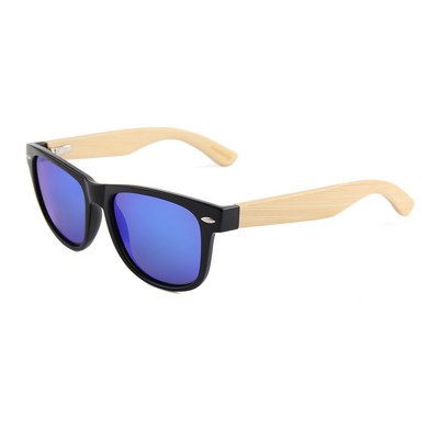 Bamboo Sunglasses - Blue Mirror Lenses - Black Frames