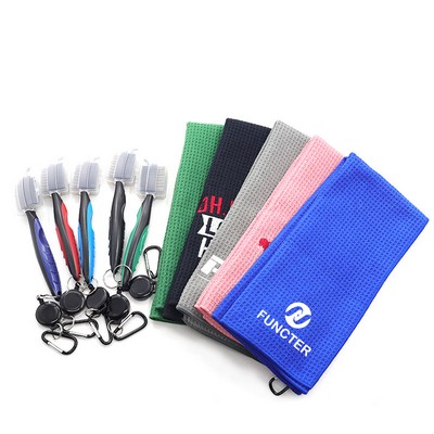 Microfiber Waffle Pattern Tri-fold Golf Towel Set Golf Club Cleaning Brush Kit