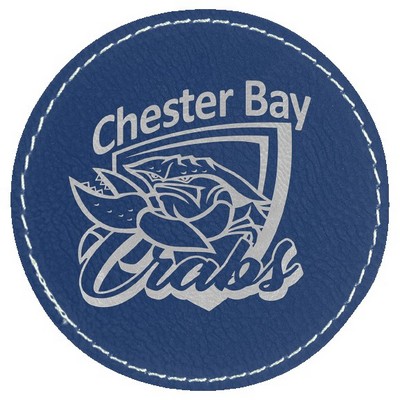 Round Engraved Patch with Adhesive, Blue Faux Leather, 3" diameter