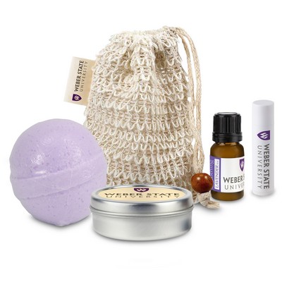 Loofah Bag with Bath Bomb, Candle Tin, Essential Oil, and Lip Balm