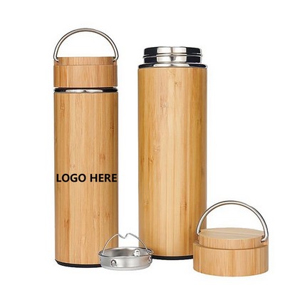 15 oz Vacuum-Sealed Bamboo Water Bottle with Metal Handle