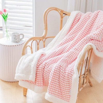 Alesia C. Luxury PLAID Embossed SHERPA Ultra Plush Velour Throw 50"x 60" PINK WHITE