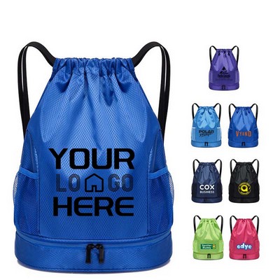 Waterproof Drawstring Backpack With Shoe Compartment and Water Bottle Holder