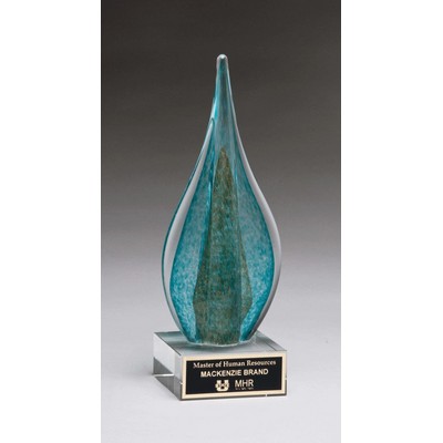 Flame-shaped Art Glass Award With Teal & Green Colors & Gold Metallic Accent