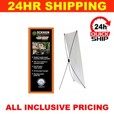 24HR Quickship - Small X-Stand with 13 Oz. Economy Vinyl Banner & Stand. Full Color 24x63