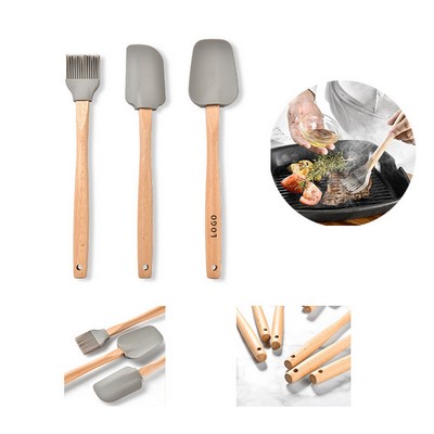 Food Grade Silicone Spatula/Scraper/Brush Baking Set w/Wooden Handles