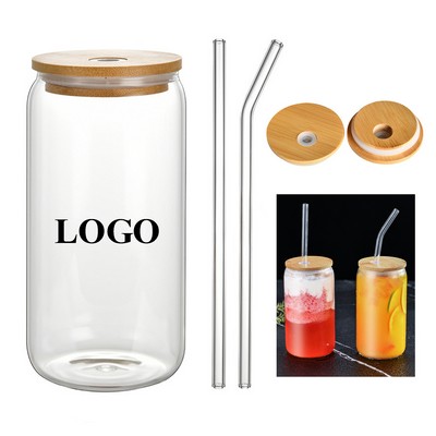 16Oz Pint Straw Glass With Bamboo Lid