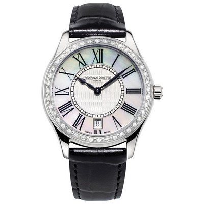 Frederique Constant® Ladies FC Classic Quartz Black Leather Strap Watch w/White Dial