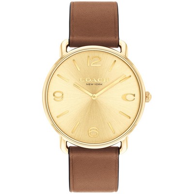 Coach® Gentleman's Elliot Gold Watch w/Saddle Brown Calfskin Strap