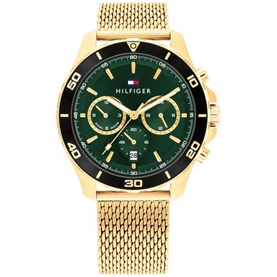 Tommy Hilfiger® Gents Gold Plated Watch w/Green Multi-Functional Dial