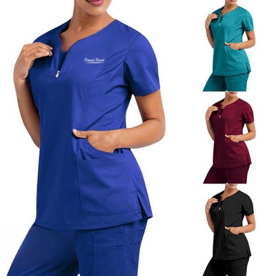 Notched V Neck Scrubs Set For Women