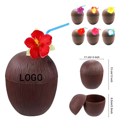 16oz Custom Plastic Coconut Cups w/Flower Straws & Twist Close Lids