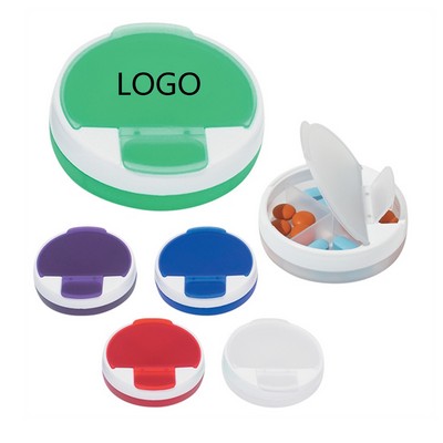 Round Snap Lid Pill Case with Four Compartments and Rotating Top