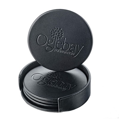 Classic Black Leather Round 4 Coaster Set