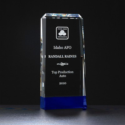 Premium Series Clear Crystal Trophy w/ Cobalt Blue Base (3 1/2"x 7 7/8")