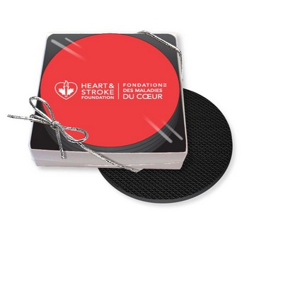 Gift Boxed Set of 4 Premium Round Coasters .010 Frosted Plastic Top & 3/32" Rubber base Full Color