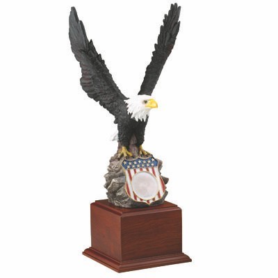 18" Painted Eagle Trophy w/Flag Shield & Space for 2" Medallion Insert On Wood Base