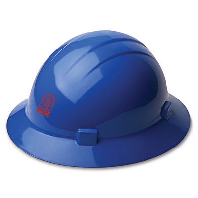 Blue hard hat with four point ratchet suspension