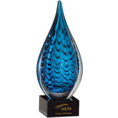 Blue and Black Tear Drop Art Glass on Black Glass Base, 10.75"