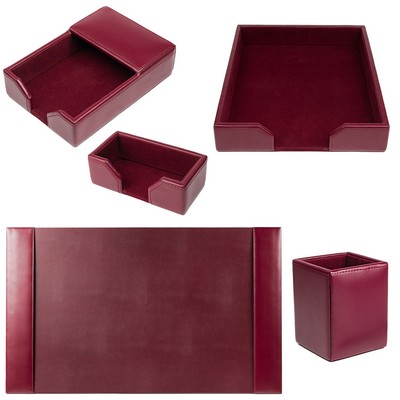 Bonded Leather Burgundy Red Desk Set (5 Piece)