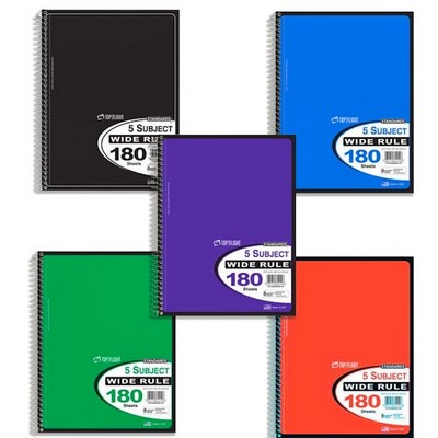 5 Subject Spiral Notebooks - Wide Ruled, 180 Sheets, 5 Colors (Case of