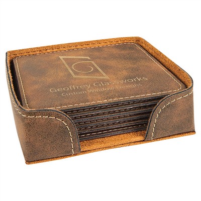 4" Square Rustic/Gold 6-Coaster Set with Holder, Laserable Leatherette