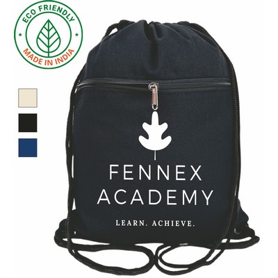 7 oz Cotton Canvas Drawstring Bag Black - Eco Friendly Sports & Gym Backpack w/ Pocket 17 x 14