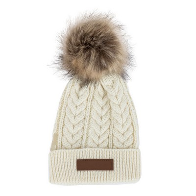 Cable Knit Beanie With Faux Fur Pom