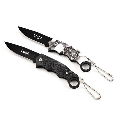 Skull Pattern Stainless Steel Folding Pocket Knife with Key Ring