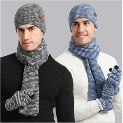 Men Winter Warm Knit Beanie Hat, Infinity Scarf, and Gloves