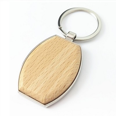 Oval Shape Wood Keychain w/ Metal Frame