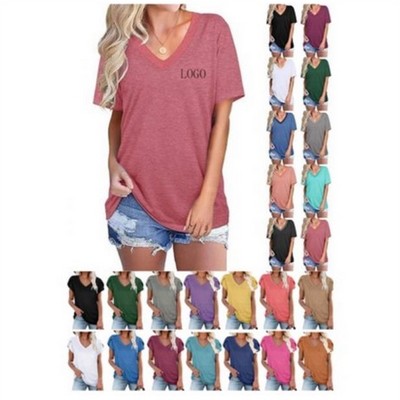 Women Summer Tops Short Sleeve Plain Loose V-Neck Tee