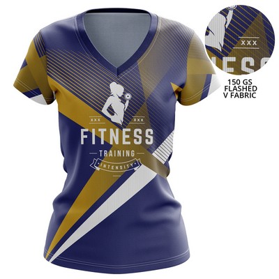 Women 150 GSM Flashed V Fabric Performance Sublimation V-Neck Short Sleeve T-Shirt