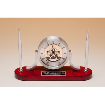 Silver Skeleton Clock Movement in Aluminum Case- Rosewood Piano-Finish Base and Silver Pens