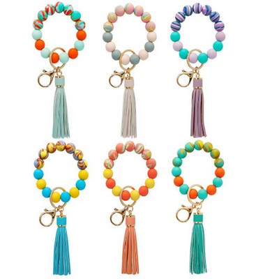 Silicone Beaded Bracelet Keychain with Leather Tassel