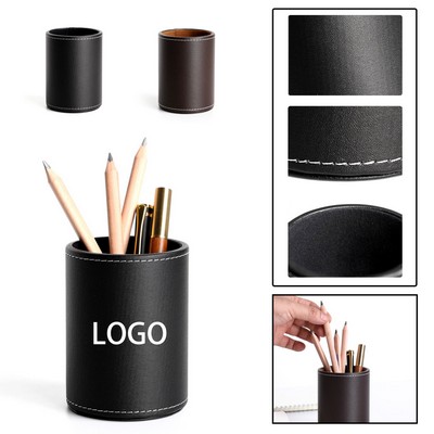 Black PU Leather Round Pen Pencil Holder