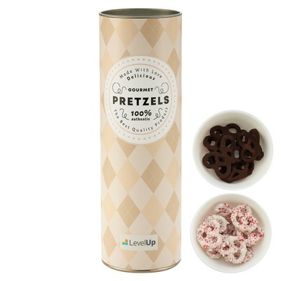 8" Gift Tube w/ Chocolate Pretzels- White Choc. Pretzels w/ Peppermint & Dark Chocolate Pretzels