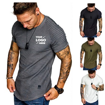 Men's Muscle T-Shirt Pleated Sleeve Bodybuilding Gym Tee Short Sleeve Shirt