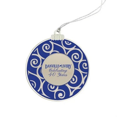 Cast Silver Holiday Ball Ornament w/Blue Color-Fill