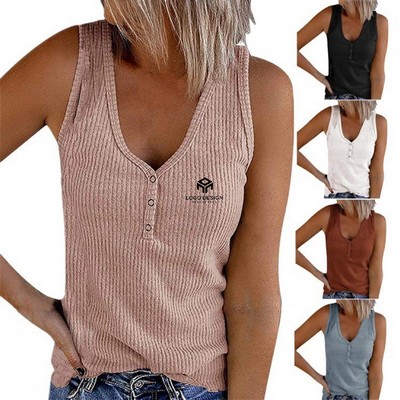 V Neck Sleeveless Women Button Vest