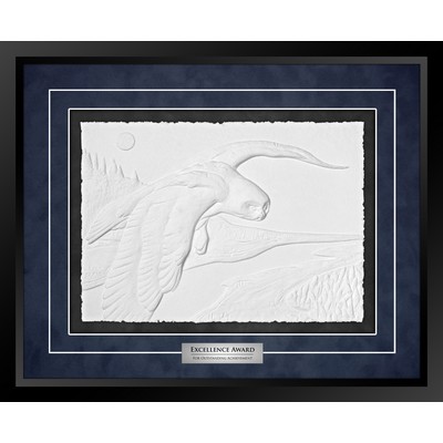 Snowy Owl (Black/Blue) - Cast Paper Sculptured Art - Shadowbox Award 18"x22"