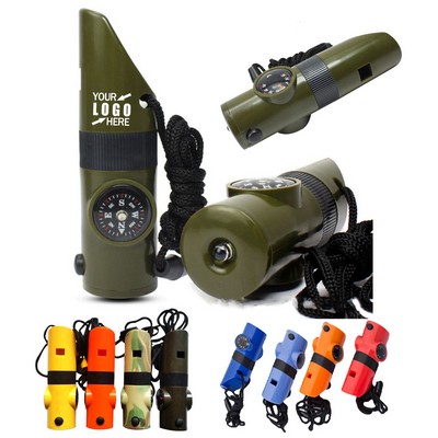 7 in 1 Emergency Whistle Compass/Thermometer/LED Torch/Magnifier/Mirror w/ Lanyard Safety Kit