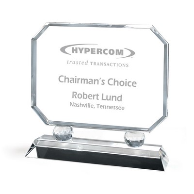 Horizontal Octagon Shaped Crystal Award on Faceted Prism Uprights on a Clear Base